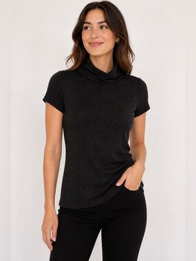 cabi black short sleeve turtleneck top size small modal stretch fitted softbasic